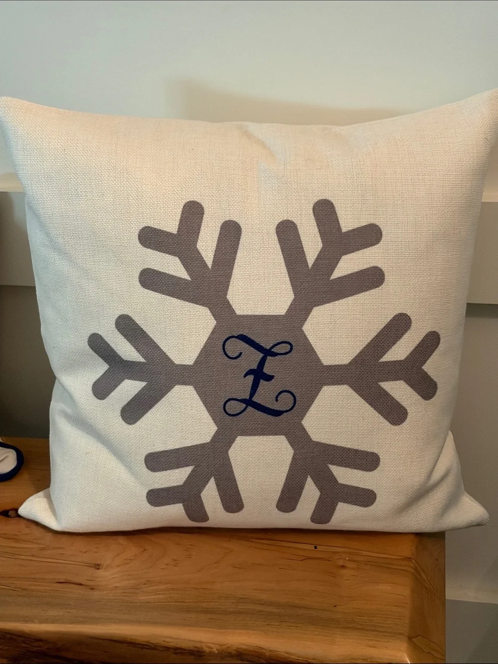 Neutral Snowflake Z Monogram Throw Pillow Personalized Accent Cushion navy cream